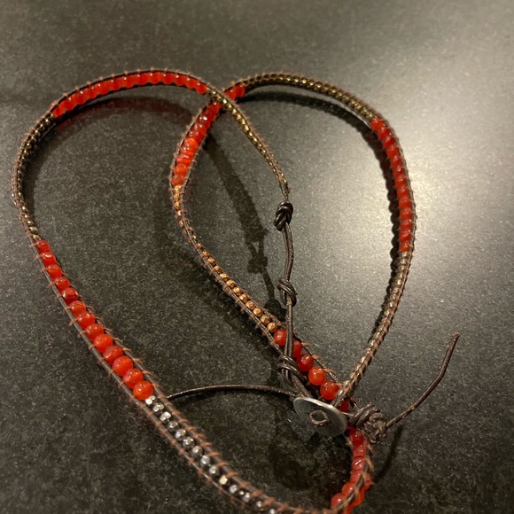 Red and Jet Bronze Sectioned Wrap Bracelet on Natural Grey Leather by Linda Chan - Picture 5 of 6